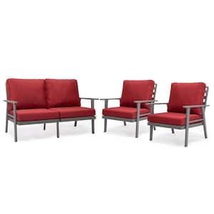 Walbrooke Grey 3-Piece Aluminum Outdoor Loveseat with Sectional Set Removable Cushions and Set of 2 Armchair, Red