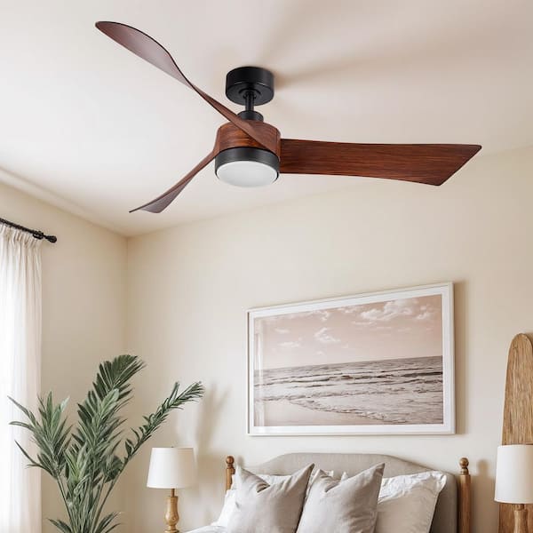 54 in. Integrated Indoor Black Walnut Downrod Mount Propeller Ceiling Fan with LED Light Kit and Remote Control