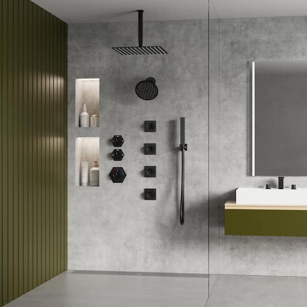 Thermostatic 8-Spray 12 and 6 in. Dual Shower Head Ceiling Mount Fixed and Handheld Shower Head in Matte Black