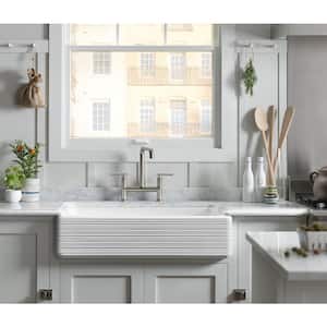 Whitehaven Farmhouse Apron Front Self-Trimming Cast Iron 36 in. Single Bowl Kitchen Sink in White with Hayridge Design