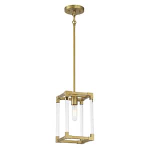 Oro District 60-Watt 1-Light Soft Brass Cage Mini Pendant Light with Clear Acrylic Accents and No Bulbs Included