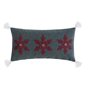 Villa Lugano Sleigh Bells Grey - Grey Red White Embroidered Snowflakes with Corner Tassels 12 in. x 24 in. Throw Pillow