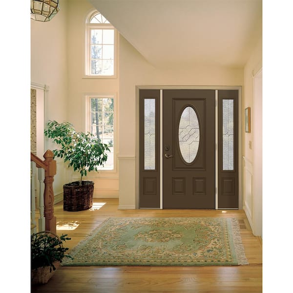 60 in. x 80 in. Left-Hand 3/4 Oval Brevard Decorative Glass Dark Chocolate Fiberglass Prehung Front Door w/Sidelites