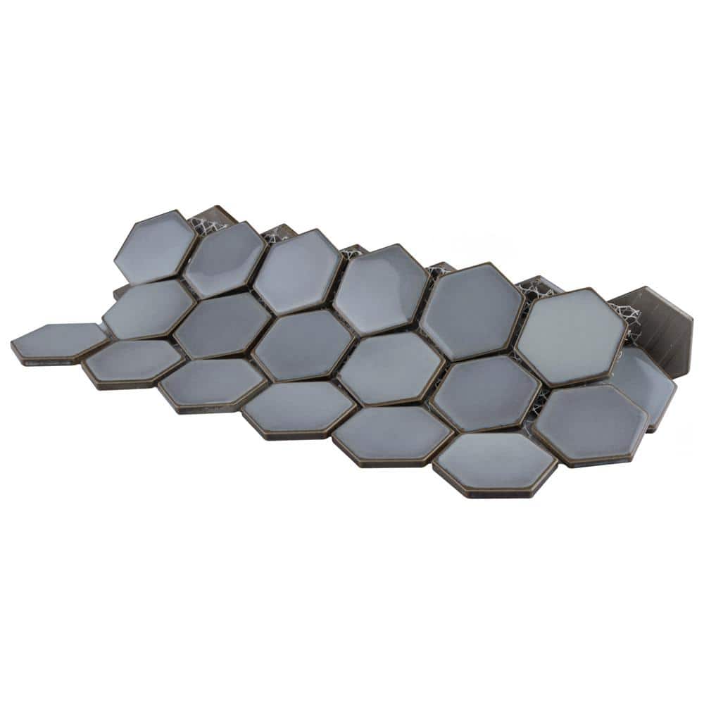 Modern Glossy Hexagon Porcelain Mosaic Tile in Soothing Gray