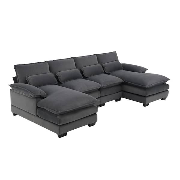 109.8 in. Modern 6-Seat Velvet U-Shaped Sectional Sofa in Gray with Waist Pillows