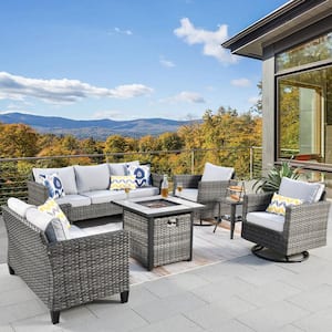Jupiter 6-Piece Wicker Outdoor Patio Fire Pit Seating Sofa Set and with Gray Cushions and Swivel Rocking