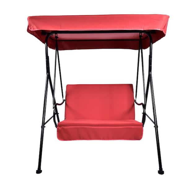 cenadinz 2-Seat Outdoor Metal Patio Swing Chair, Porch Lawn Swing with Removable Red Cushion and Convertible Canopy