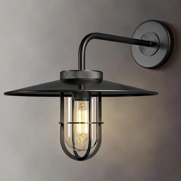 YUYI 18 in. Farmhouse Black Outdoor Barn LED Wall Light, Large Gooseneck Light Hardwired Wall Sconce with E26 Bulb