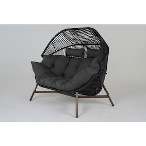 Drak Grey Wicker Outdoor Double Floor-Standing Lounge Egg Chair with Cushion and Headrest