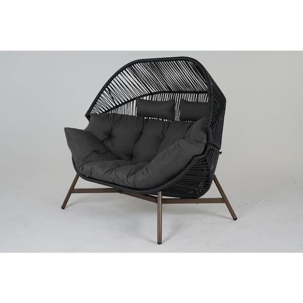 BANSA ROSE Drak Grey Wicker Outdoor Double Floor-Standing Lounge Egg Chair with Cushion and Headrest