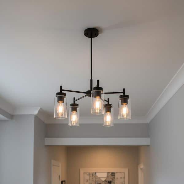 5-Light Black Pendant Light with Clear Glass Shades - Adjustable Modern Chandelier for Living Room or Foyer