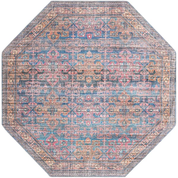 Nostalgia Bliss Antique Blue 8 ft. Octagon Machine Washable Area Rug