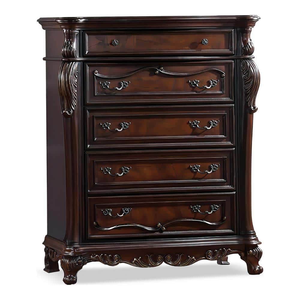 Dark Cherry Solid Wood 5-Drawer Chest with Carved Details