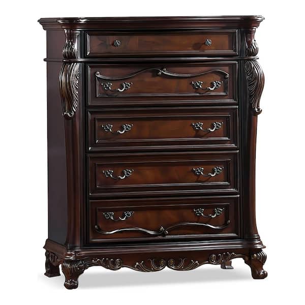 Feliciano Dark Cherry 5-Drawer 43 in. Chest of Drawers with Felt Lined Top Drawer and Carved Details