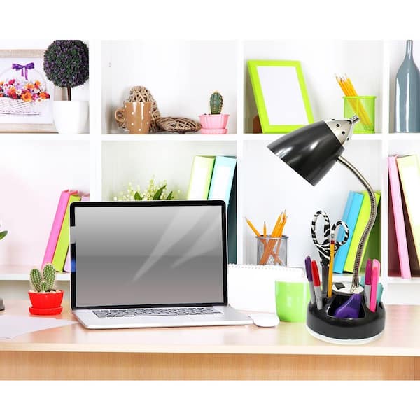 20 in. Black Organizer Desk Lamp with Charging Outlet Lazy Susan Base