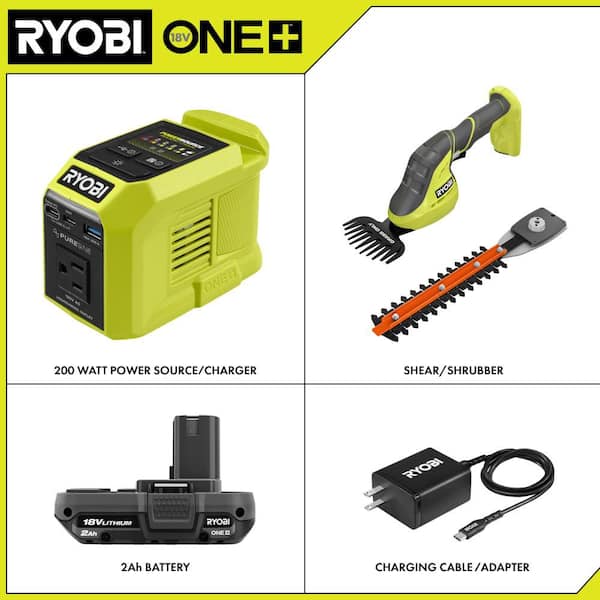 18V ONE+ 200-Watt Portable Battery Inverter Power Source & 18V Grass Shear & Shrubber Trimmer w/ 2.0Ah Battery & Charger
