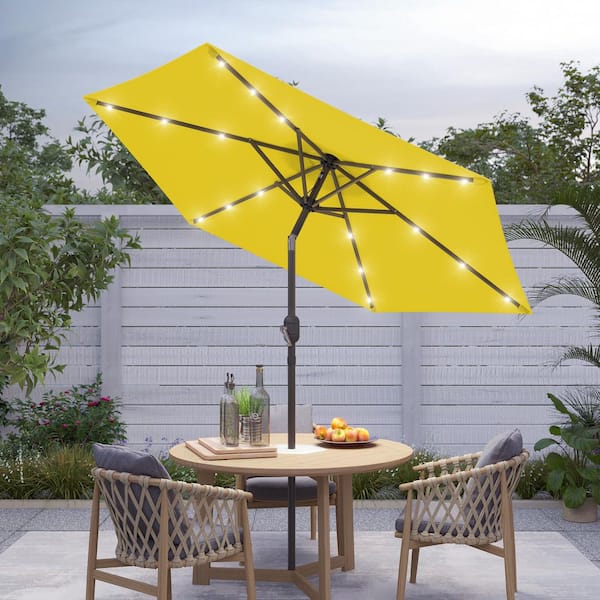 7.5 ft. Market Solar Lighted LED Crank and Tilt Patio Umbrella, Table Umbrellas, UV-Resistant Canopy in Yellow