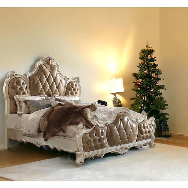 85 in. x 93 in. x 78 in. PU Antique Pearl Wood Frame Poly Resin Upholstery California King Panel Bed