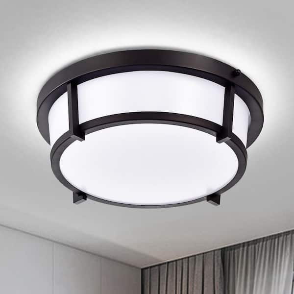 C Cattleya 13 in. Black Dimmable 20-Watt Selectable LED Flush Mount 3000K/4000K/5000K with Acrylic Shade
