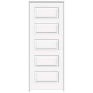 28 in. x 80 in. 5-Panel Molded Left-Handed Solid Core White Primed Wood Single Prehung Interior Door Bronze Hinges