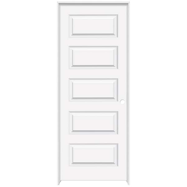 Steves & Sons 28 in. x 80 in. 5-Panel Molded Left-Handed Solid Core White Primed Wood Single Prehung Interior Door Bronze Hinges