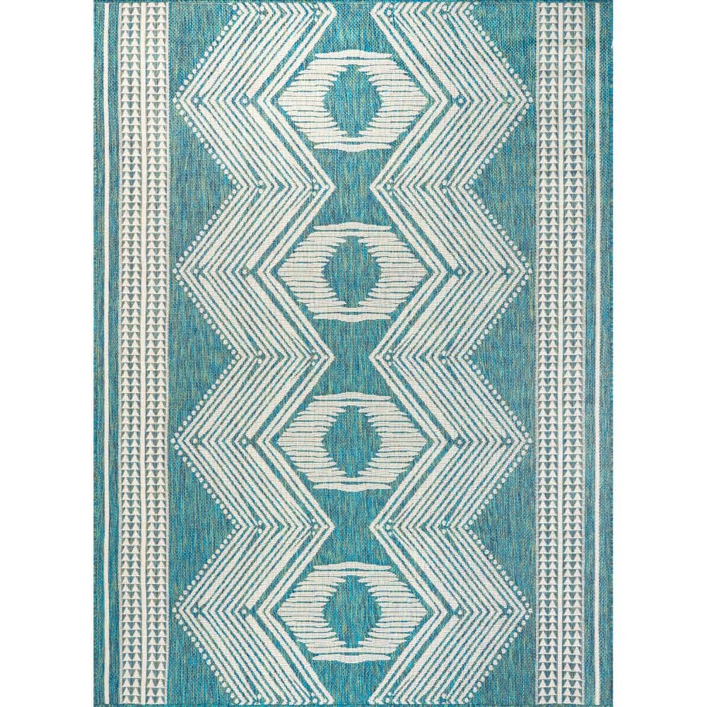 Geometric Light Brown and Green Synthetic Indoor/Outdoor Rug
