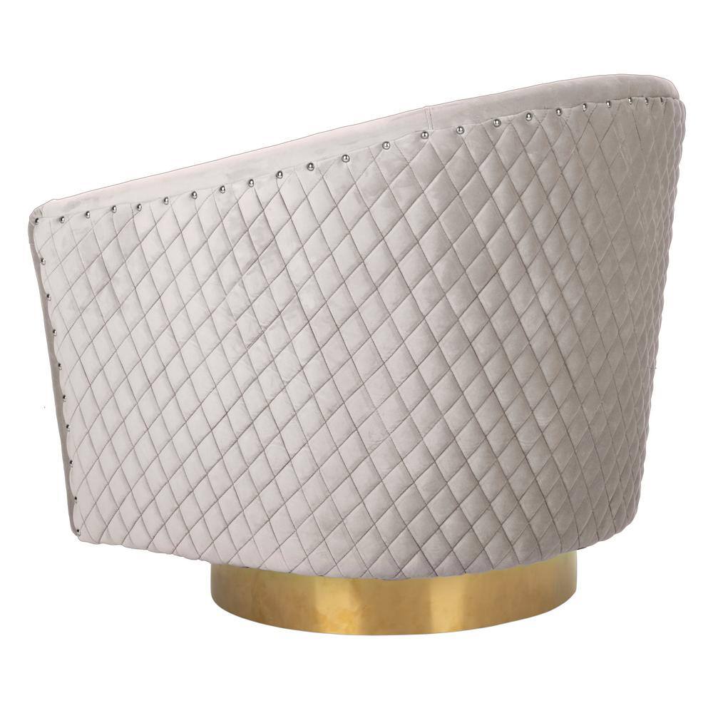 Transitional Pale Taupe Velvet Swivel Barrel Chair with Gold Legs