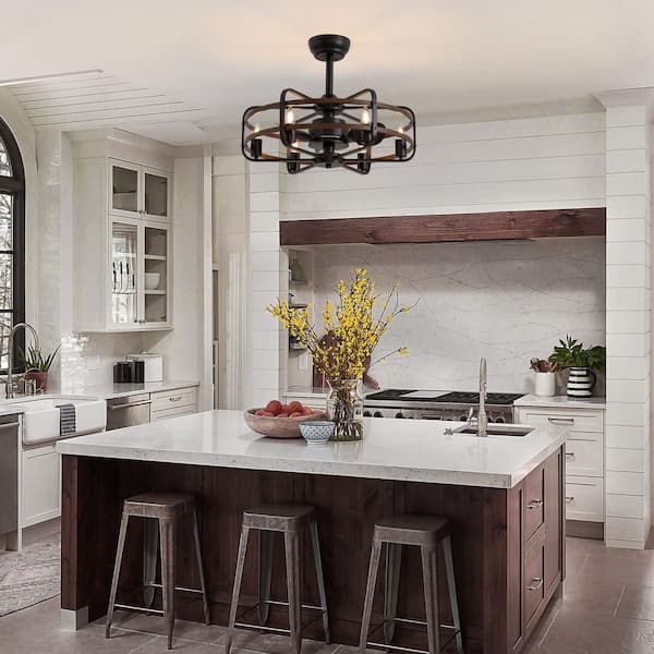 25 in. Farmhouse Indoor Caged Downrod Mount Ceiling Fan with Lights and Remote Control, Black and Walnut Chandelier Fan
