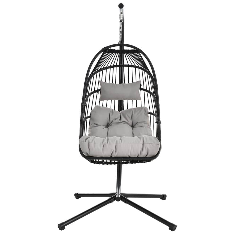 Black Wicker Foldable Patio Swing with Stand and Gray Cushion