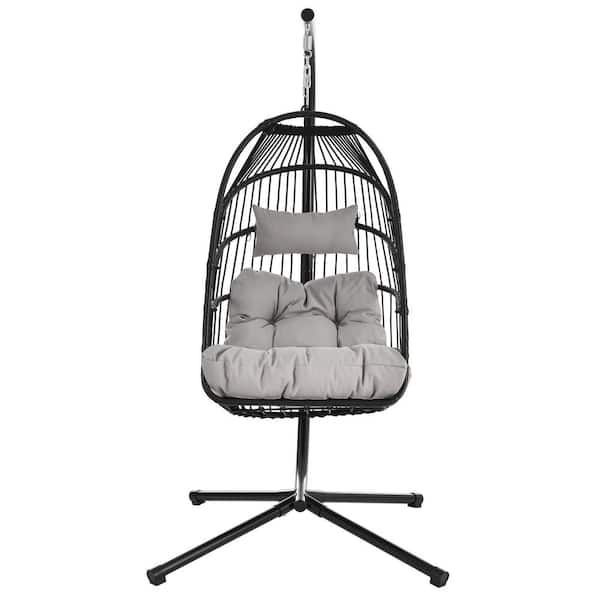 Unbranded Black Wicker Foldable Patio Swing with Stand and Gray Cushion