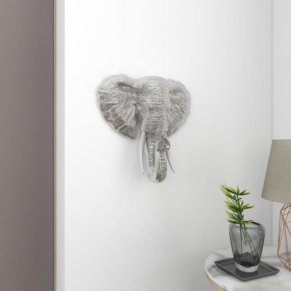 Silver Polystone Elephant Head Wall Sculpture with Tusks