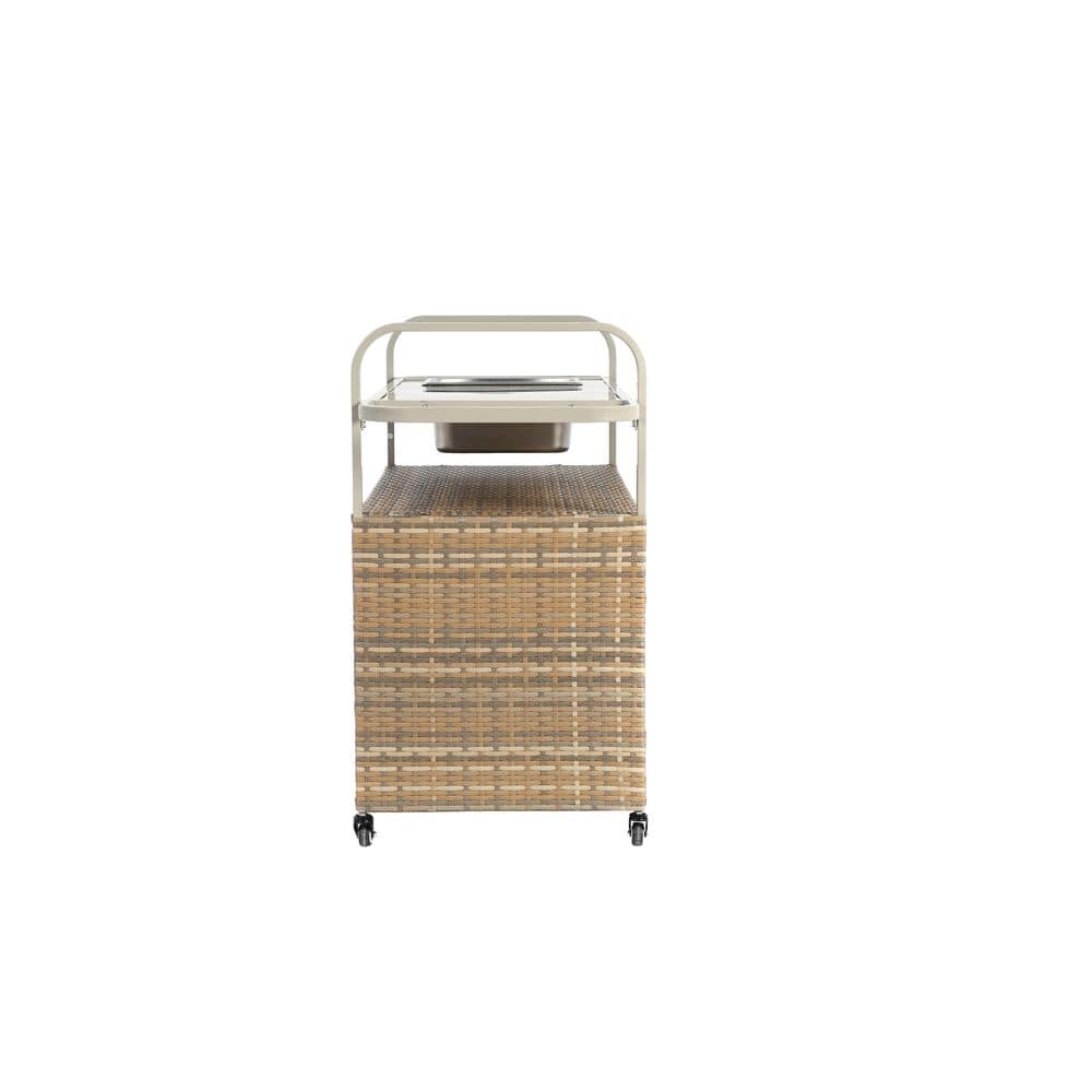 Outdoor Bar Table, Wicker Bar Cart with Cabinet, Patio Serving Cart with St