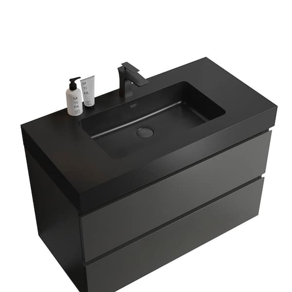 MYCASS 36 in. W x 18.1 in. D x 25.2 in. H Floating Bath Vanity in Space Grey with 1 Matt Black Sink Solid Surface Top
