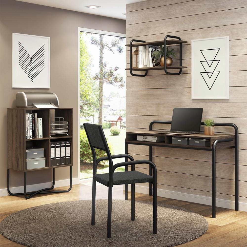 Modern Symmetrical 2-Tier Walnut Bookcase with Steel Cross-Legs
