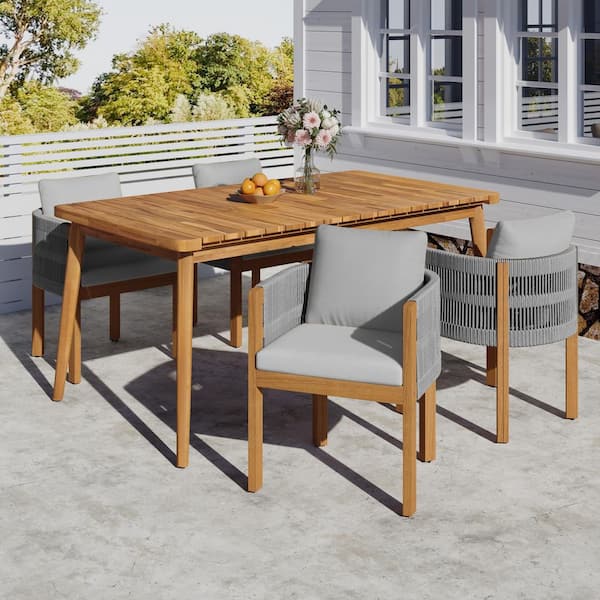 5-Piece Brown Acacia Wood Outdoor Dining Set with Gray Cushions