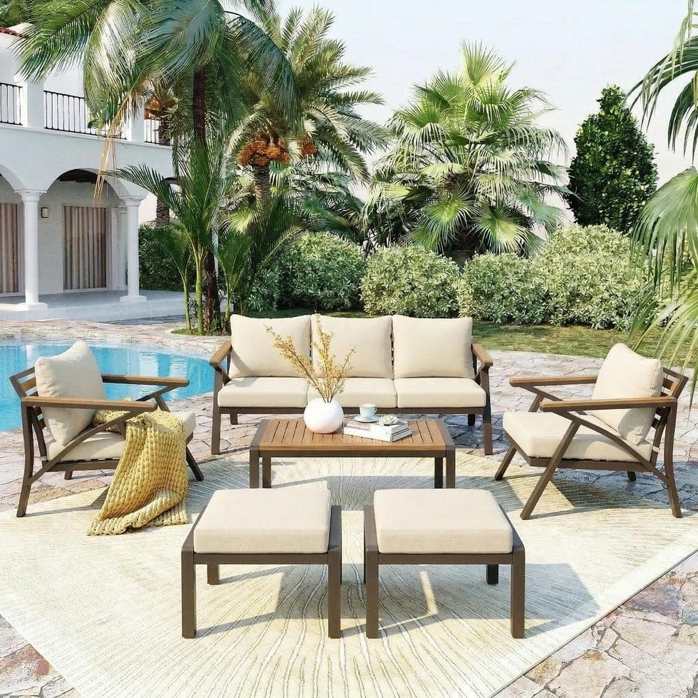 6-Piece Outdoor Patio Furniture Set, Steel Frame Sofa Poolside, Beige Cushion6件套户外庭院家具，钢框架沙发池边，米色垫子 price history on PriceWatchPro