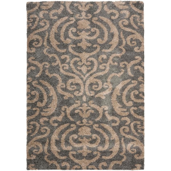 SAFAVIEH Florida Shag Gray/Beige 8 ft. x 10 ft. Floral Damask Area Rug