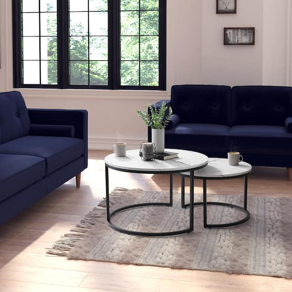 CorLiving Fort Worth 29 "in. White Round Engineered Wood Top Nesting Coffee Table with 2 Pieces
