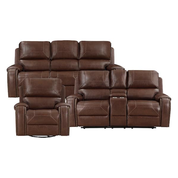 Lazzara Logansport 87 in. W Pillow Top Arm Faux Leather Rectangle 3-Piece Manual Reclining Sofa Set in Brown