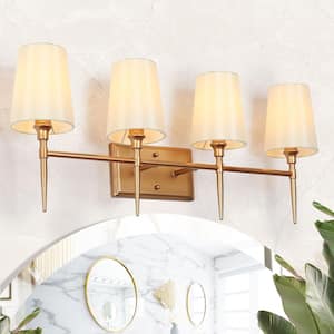 Modern Classic Deep Gold Vanity Light 4-Light Arched Mirror Sconce with White Cone Fabric Shades for Powder Room