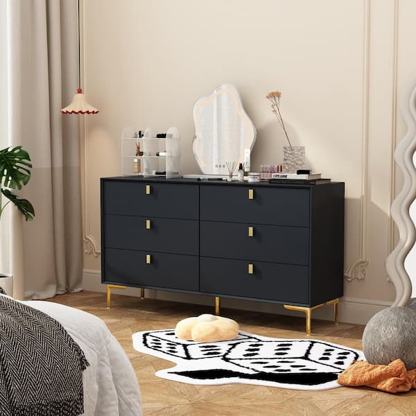 FUFU&GAGA White 6-Drawers 55.1 in. Width Classic Wooden Chest of Drawers, Dresser, Storage Cabinet with Golden Legs and Handles