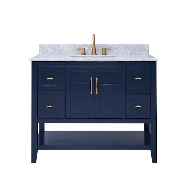 Home Decorators Collection Sturgess 43 in. W x 22 in. D x 35 in. H Single Sink Freestanding Bath Vanity in Navy Blue with Carrara Marble Top