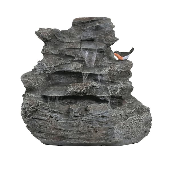 21 in. H 4-Tiered Concrete Rock Cascade Fountain with LED Lights Outdoor Garden Decor Weather-Resistant, Gray
