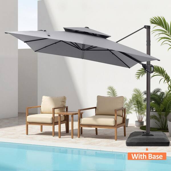 Pellebant 11 ft. x 9 ft. Dual Top Aluminum Outdoor 360° Rotation Tilt Cantilever Patio Umbrella in Gray with Fillable Base