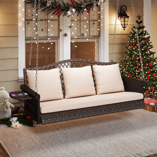 Brown Rattan Porch Hanging Swing, 3-Seat Wicker Outdoor Patio Swing Chair, with Khaki Cushion