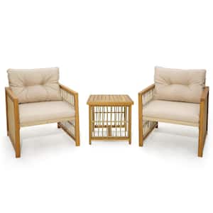 3-Pieces Patio PE Wicker Conversation Set Acacia Wood Frame withseat and Back Cushions
