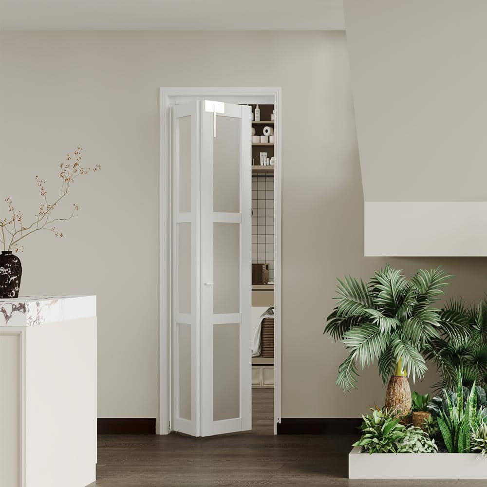 24 in. x 80 in. White Finished MDF Bifold Door with Frosted Glass
