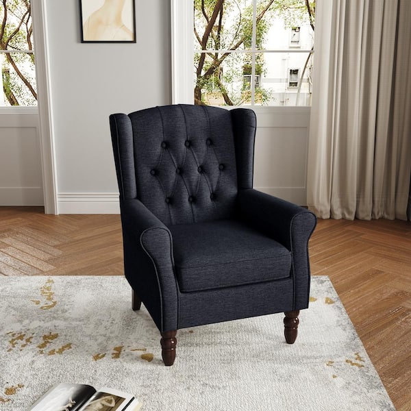 Uixe Modern Black Blue Linen Upholstered Button High Back Accent