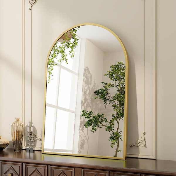GLSLAND 26.1 in. W x 37.8 in. H Arch Metal Framed Wall Bathroom Vanity Mirror Gold