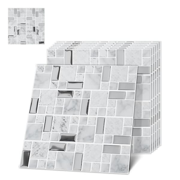 10 in. x 10 in. Gray Vinyl Peel and Stick Backsplash Tile, Self Adhesive Wall Stickers for Kitchen, Bathroom (10-Pack)
